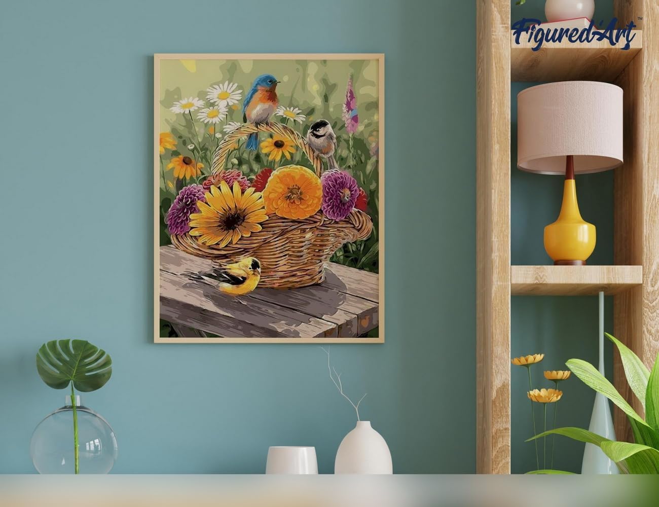 Malen nach Zahlen Set Blumen mit Vögeln, Blumen im Korb und Vögeln 40x50cm Mit Keilrahmen (nicht gespannt)