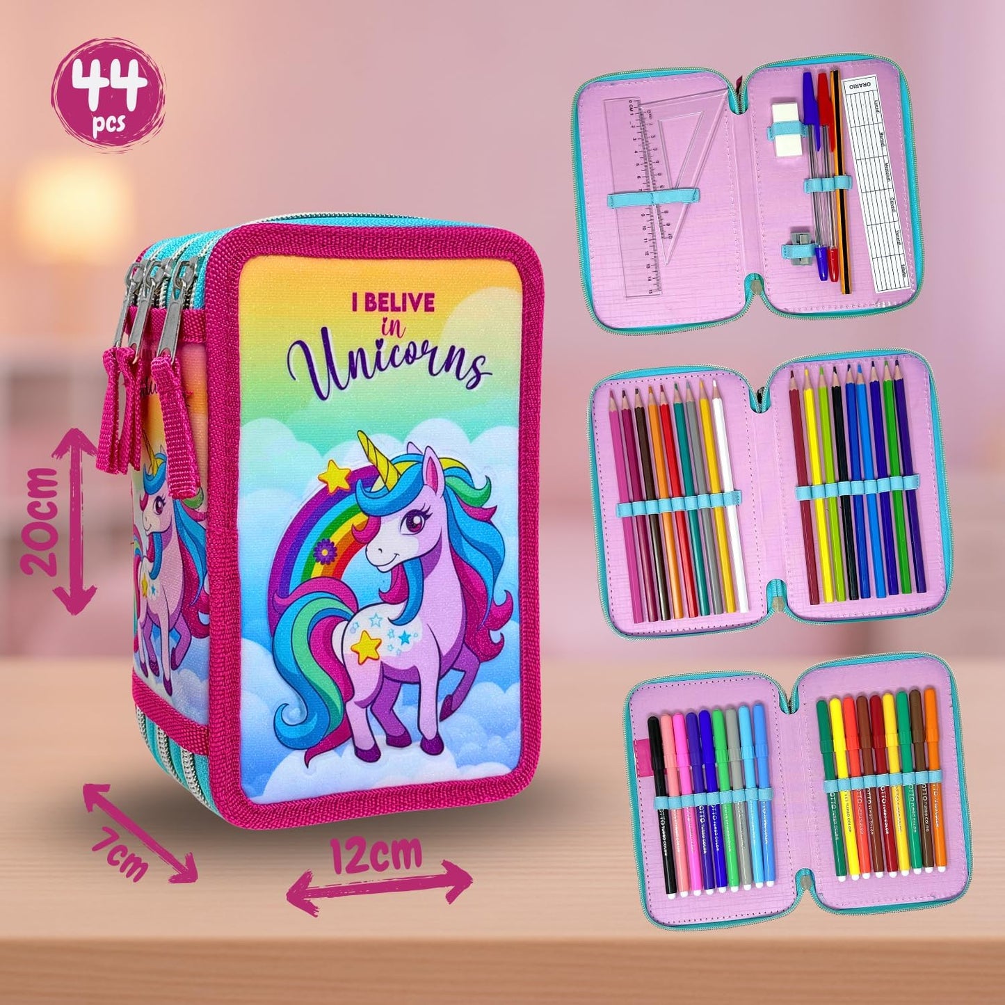 3D Federmäppchen mit 3 Fächern, Einhorn-Motiv, Einhorn25
