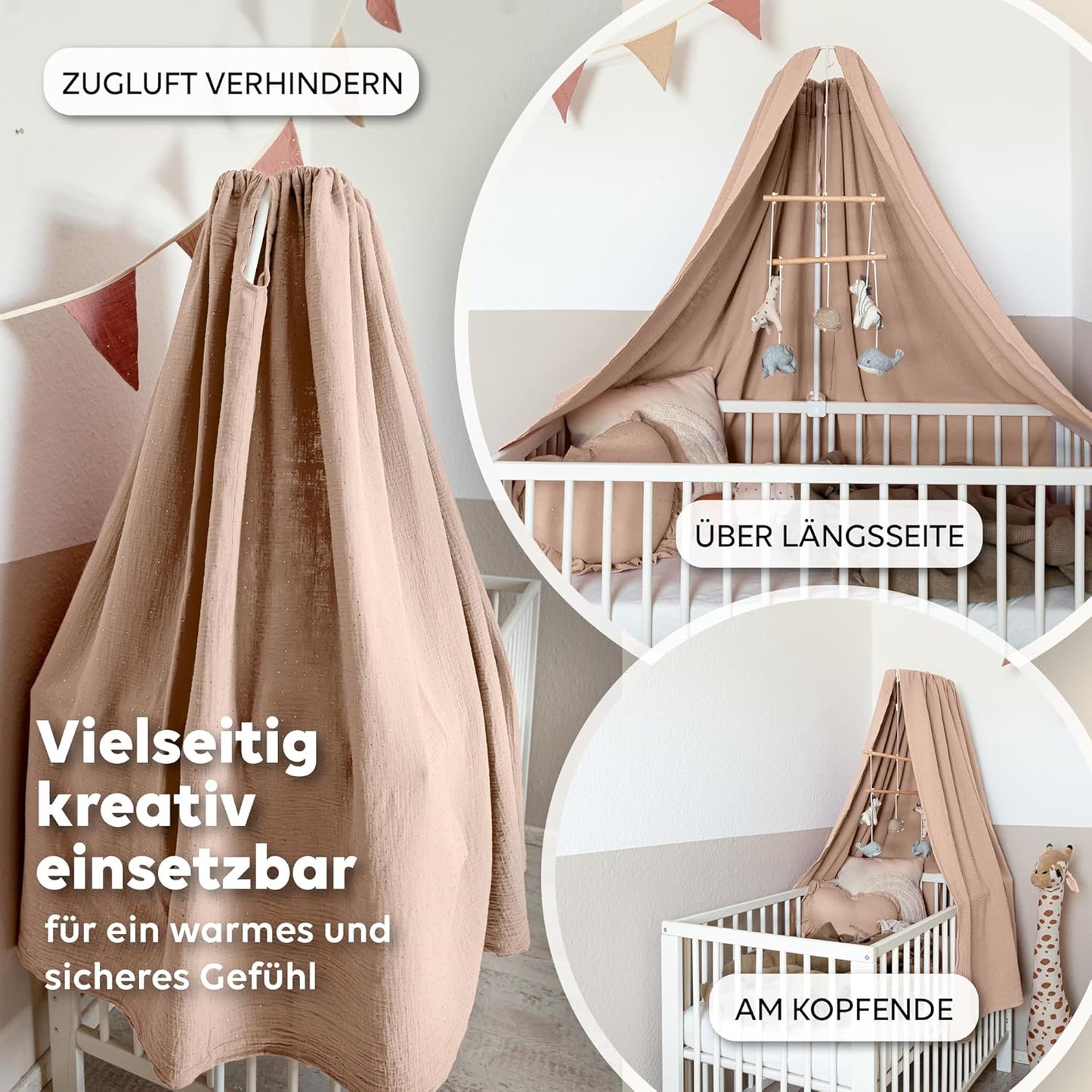 Betthimmel Babybett mit Goldapplikationen, Beigerosa ohne Himmelstange