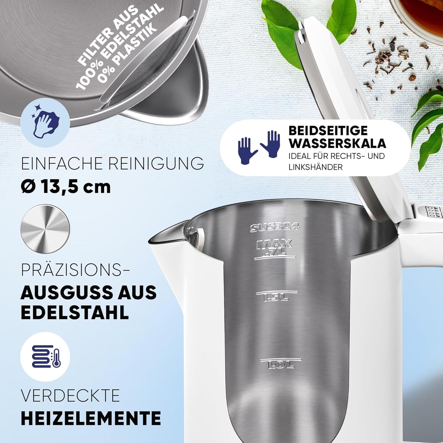 Wasserkocher mit Temperatureinstellung und Warmhaltefunktion, Weiss
