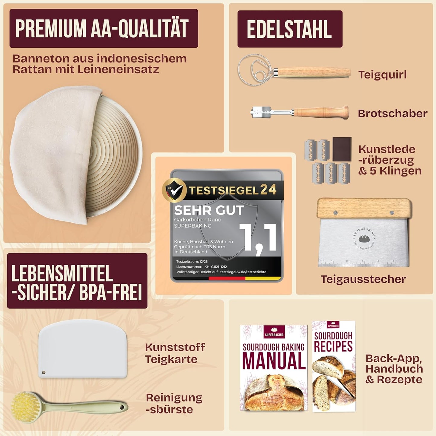 Gärkörbchen-Set, Klassisches Rundset – 7-teilig