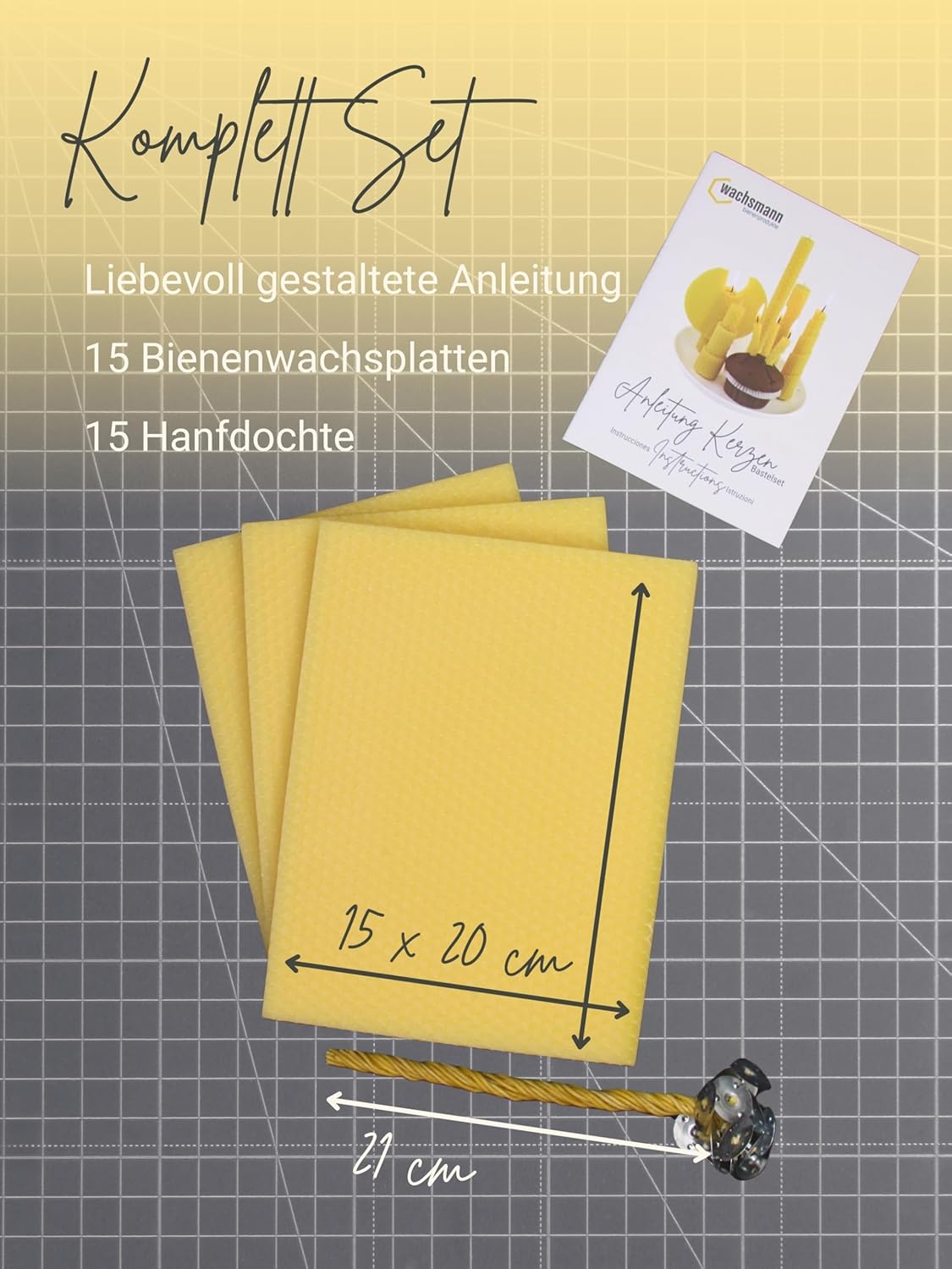 30-teiliges Kerzenset mit Bienenwachsplatten und Hanfdochten, Gelb