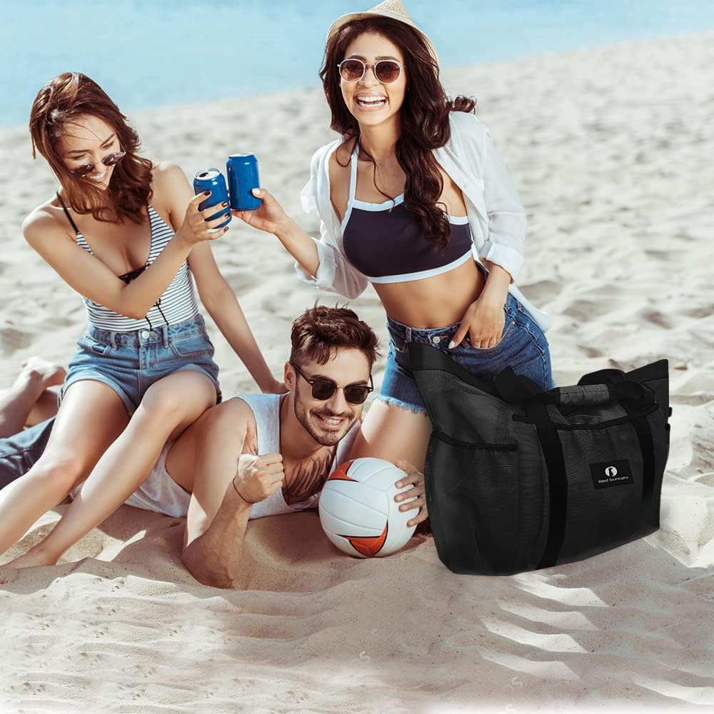 Netz-Strandtasche für den Strand, Schwarz / Schwarz