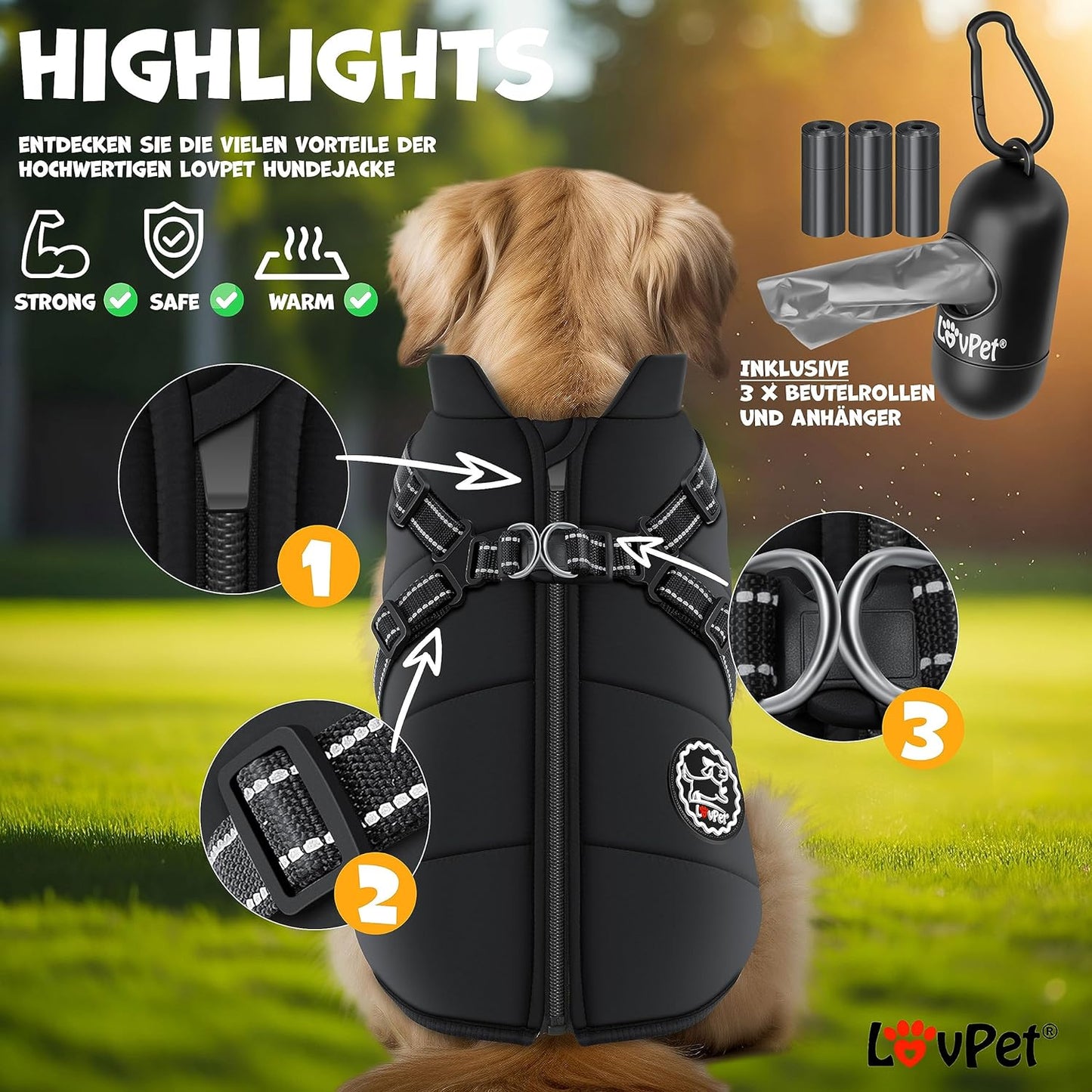 Hundewintermantel mit Geschirr & Kotbeutel-Set, 4XL Schwarz