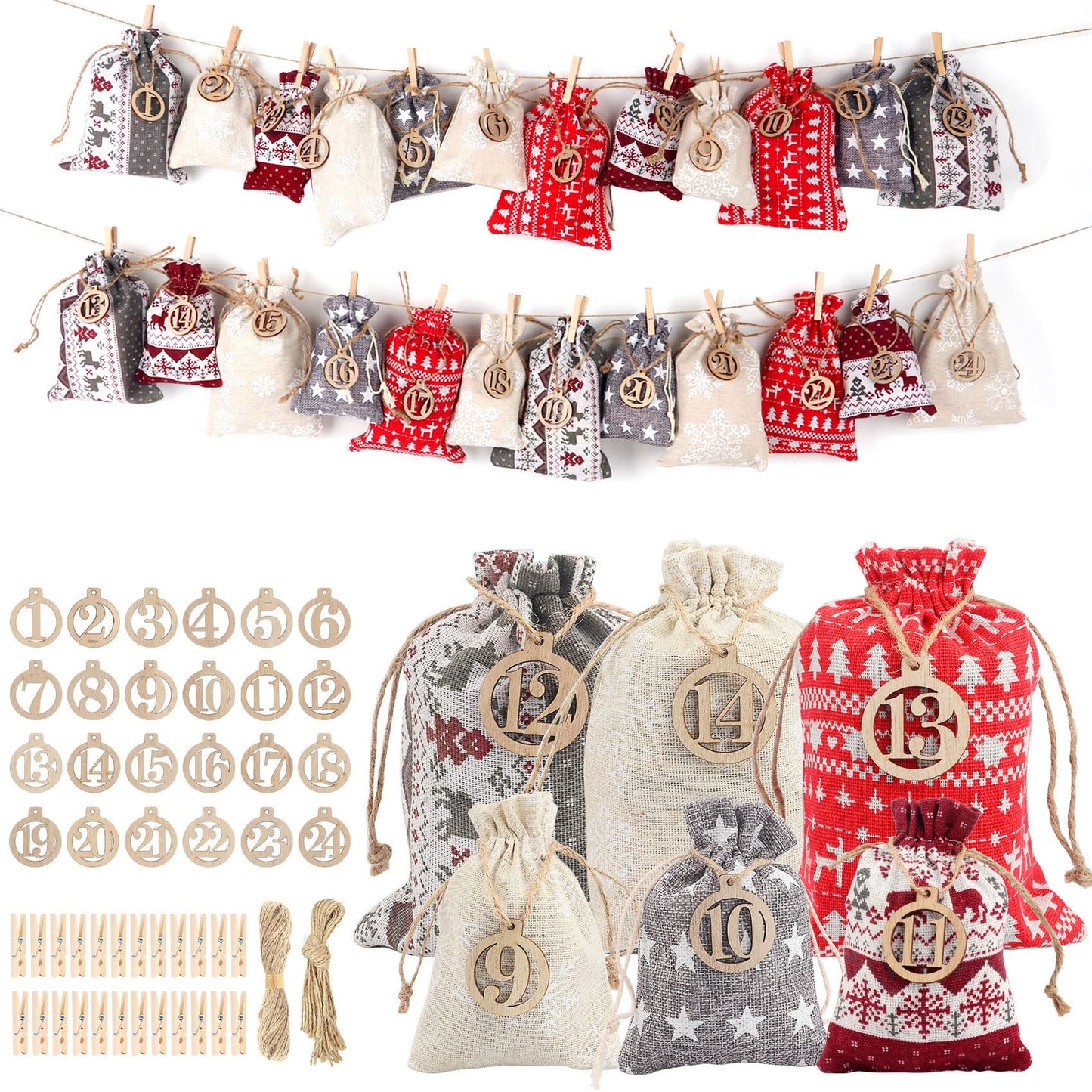 Adventskalender Stoffbeutel-Set zum Befüllen, 24 Stück