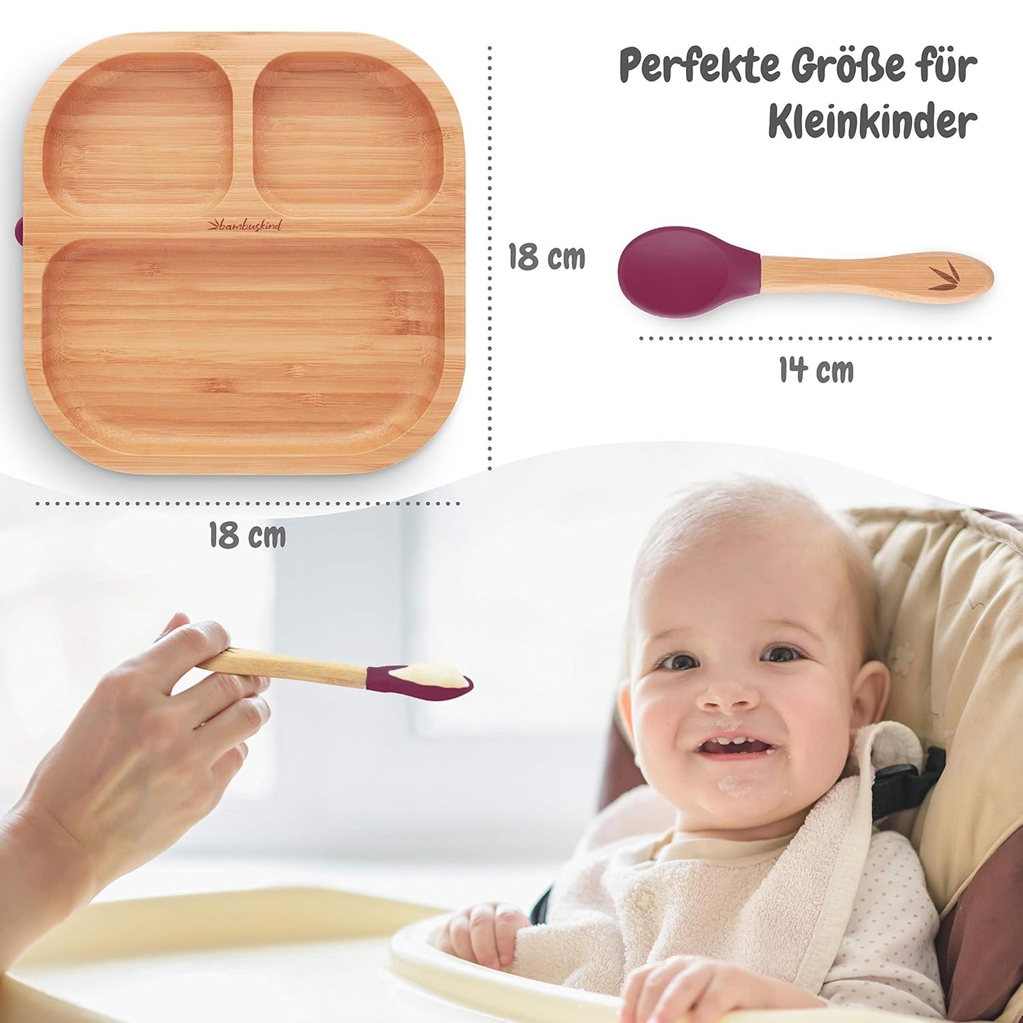 Kinderteller mit Saugnapf und Löffel, Kirsche