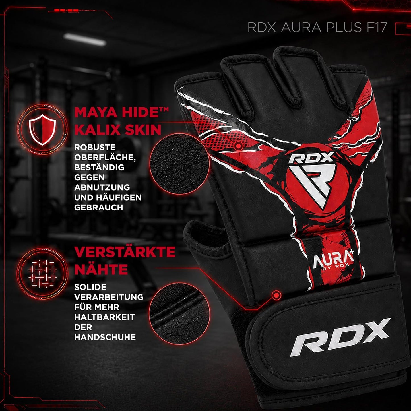 Grappling Handschuhe Aura Plus F-17 für MMA Training, Black/Red S