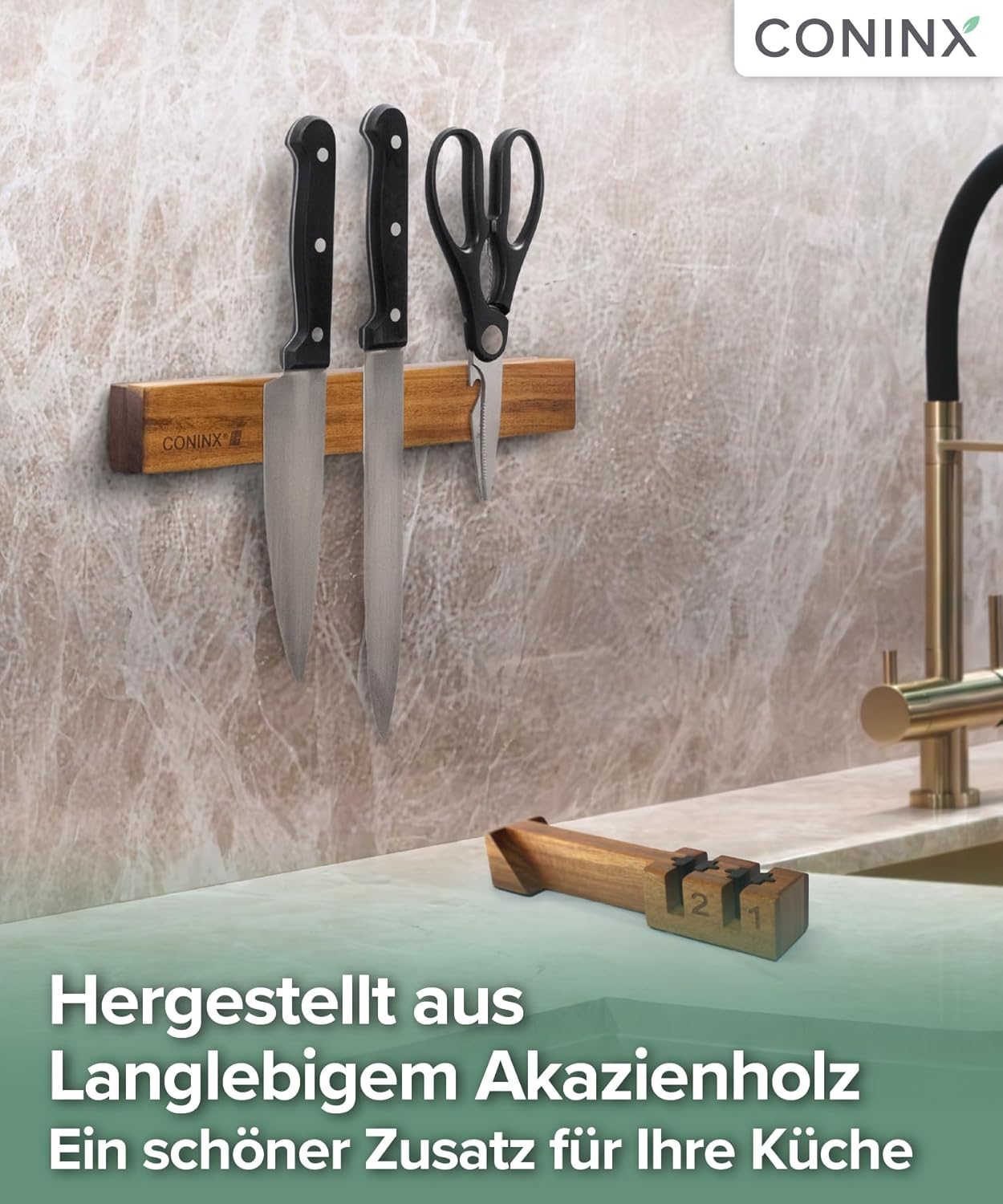 Magnetische Messerleiste mit Doppelschärfer, Akazien mit Schärfer