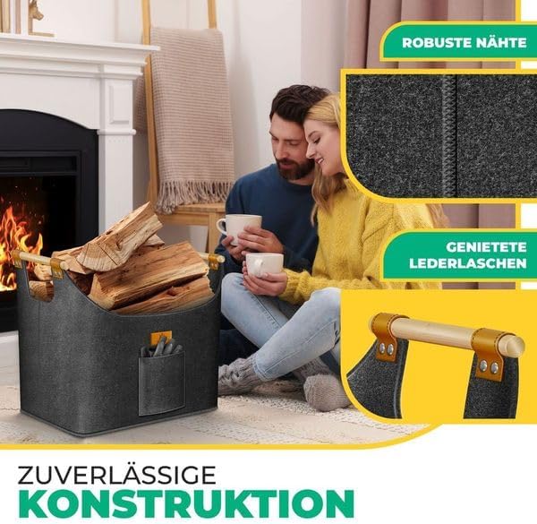 Faltbarer Brennholzkorb mit Holzgriffen und Aussentasche, 60 Liter Anthrazit