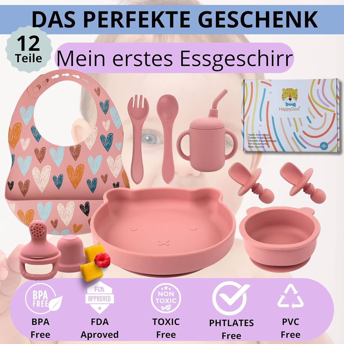 Baby-Geschirrset mit Saugnapf, Rosa