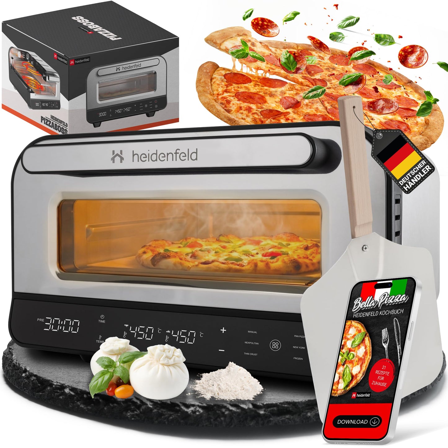 Elektrischer Pizzaofen mit Pizzastein & Schieber, Silber/Schwarz