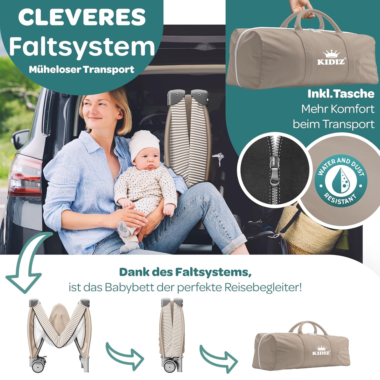 Klappbares Babyreisebett mit Matratze & Zubehör, Schwarz