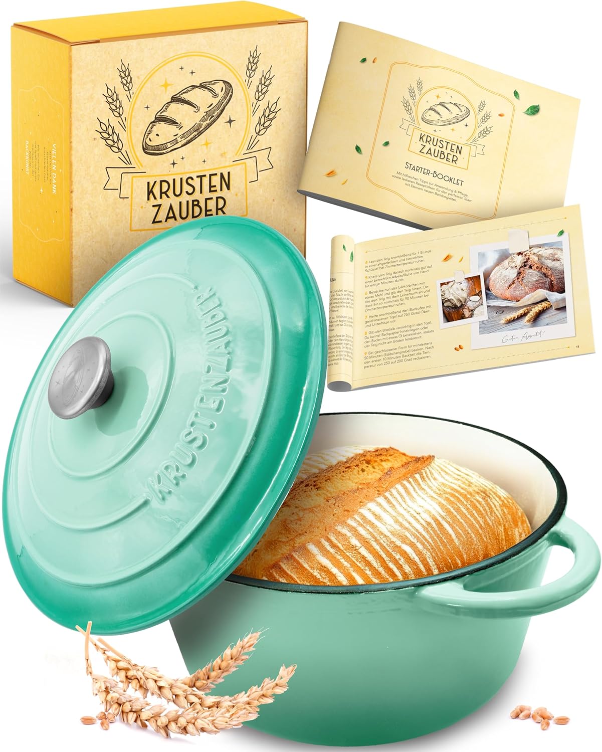 Brotbacktopf mit Deckel, backofengeeignet, Emaille Topf 4,7l - Mint - Einzeln
