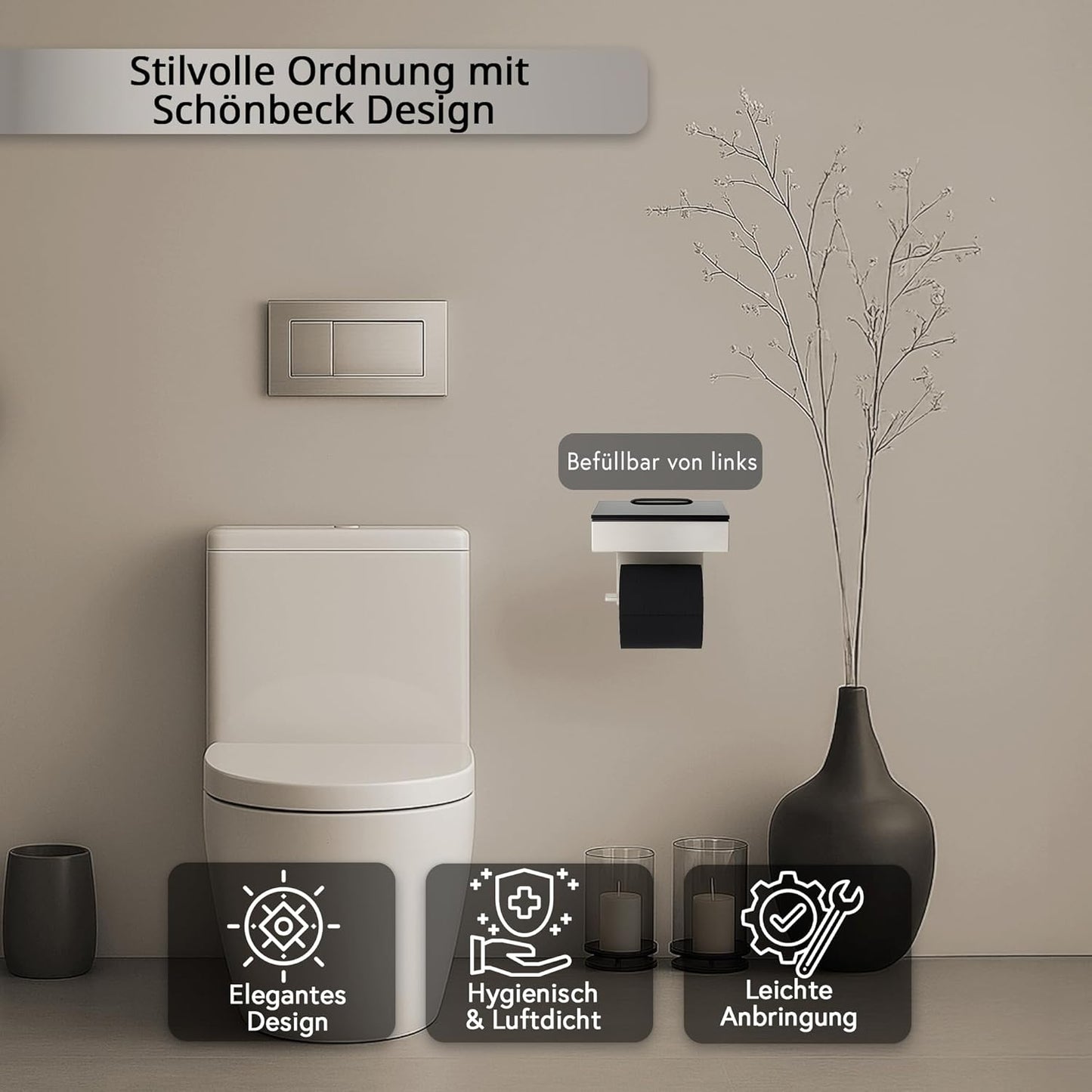 Toilettenpapierhalter mit Feuchttücherbox, Gehäuse Poliert Abdeckung Glas Schwarz-2 Befüllbar Von Lins