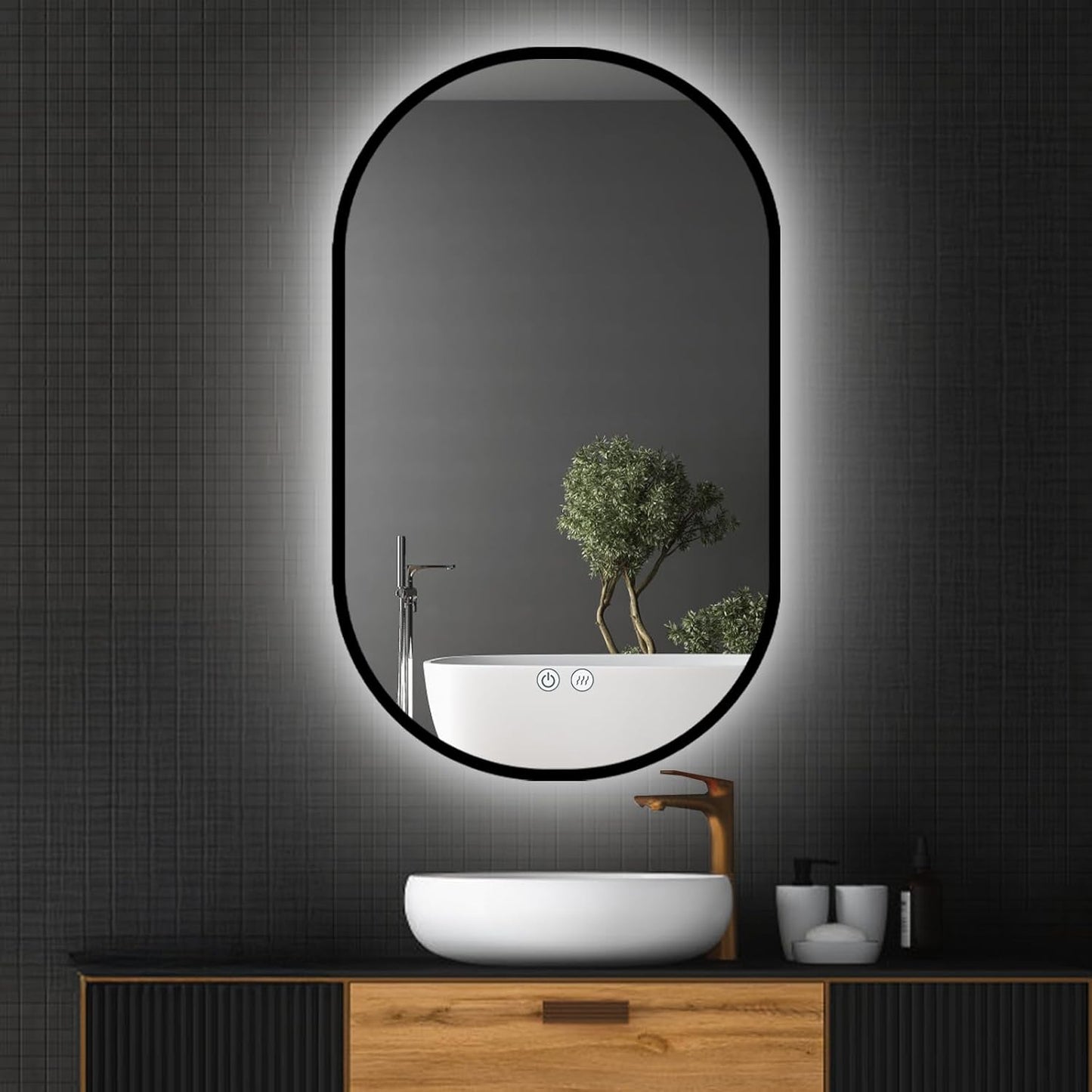 Ovaler LED-Badspiegel mit Antibeschlag (60x100 cm), Oval-schwarz-antibeschlag 100L x 60B cm