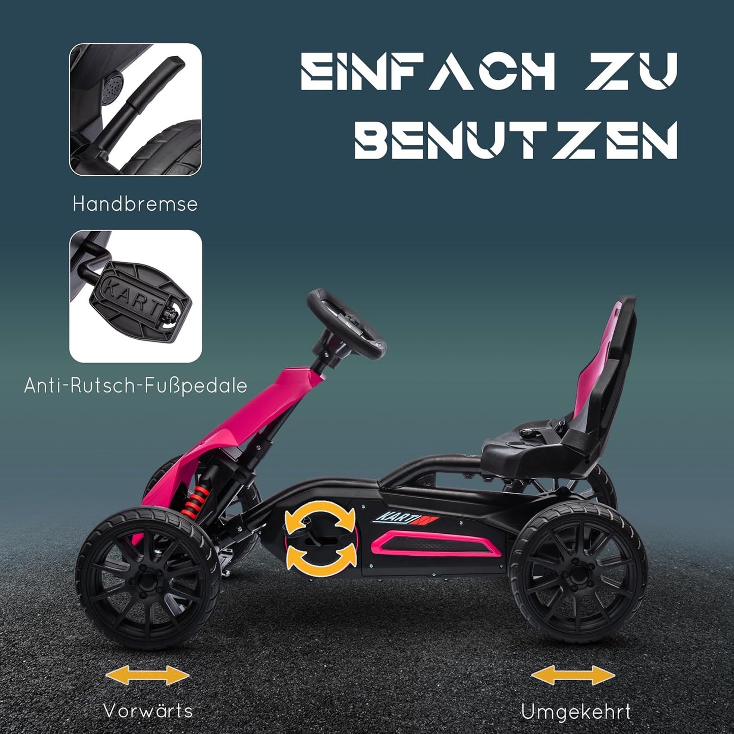 Gokart Tretauto mit verstellbarem Sitz und Handbremse, Rosa