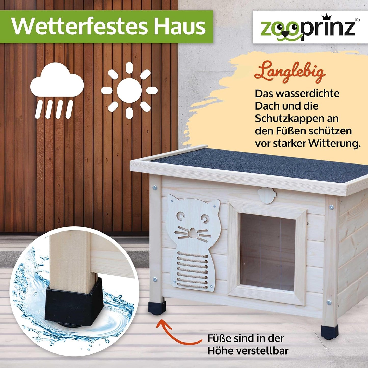 Premium Katzenhaus aus Holz mit Schwingtür, Natur Standard