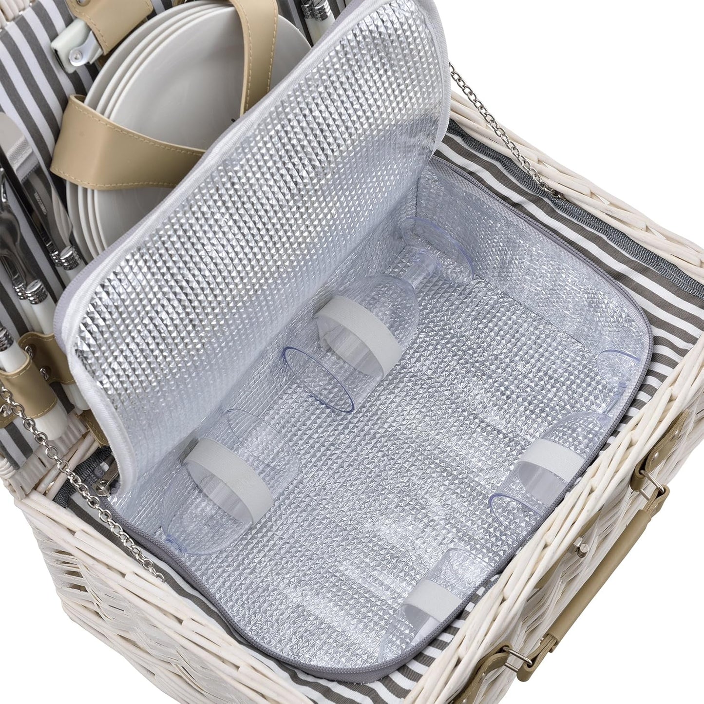 Picknickkorb-Set für 4 Personen mit Kühltasche, Weiss|40 x 28 x 19 cm