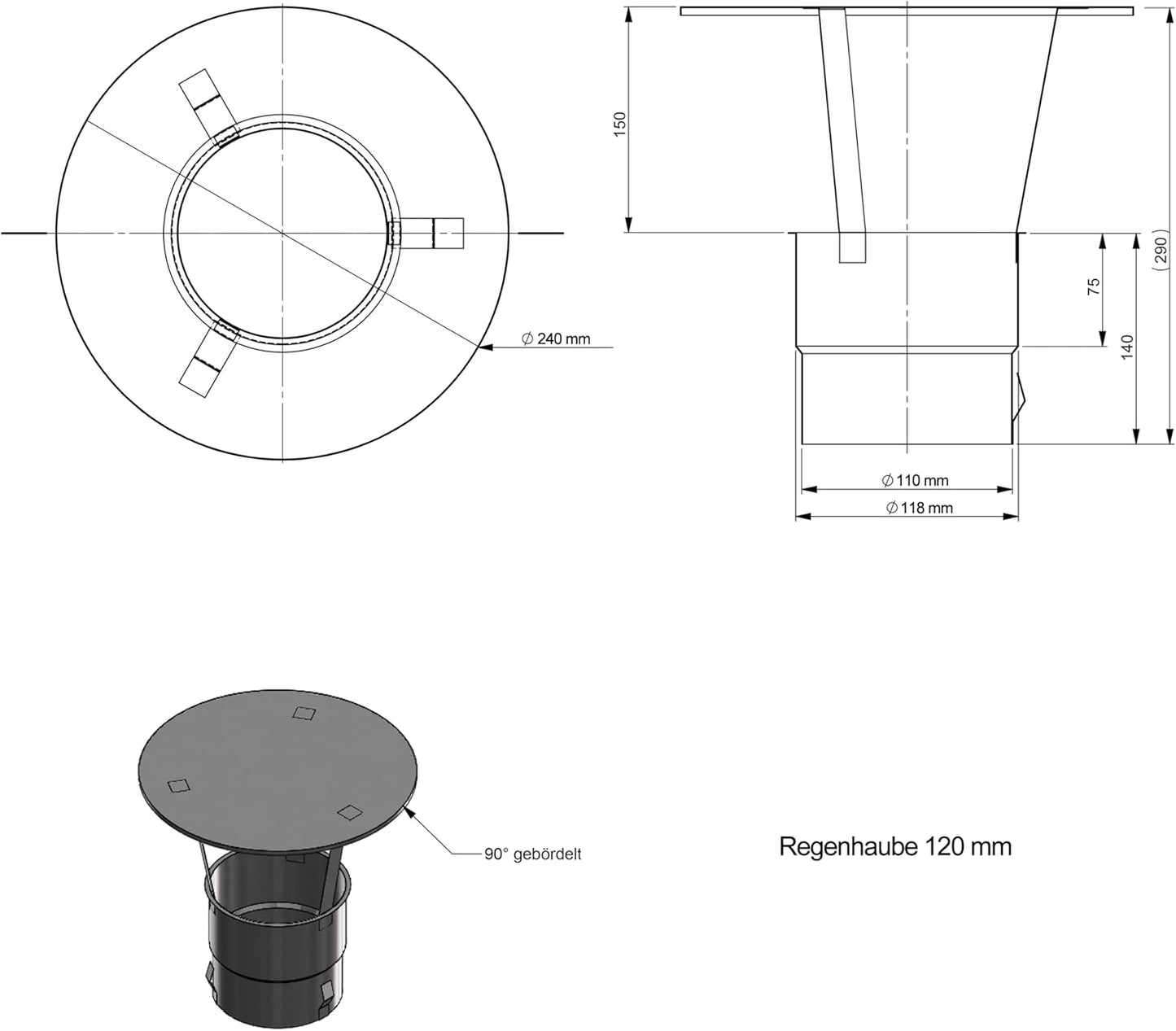 Regenhaube mit Einschub und Funkenschutz (120mm), mit Funkenschutz 120