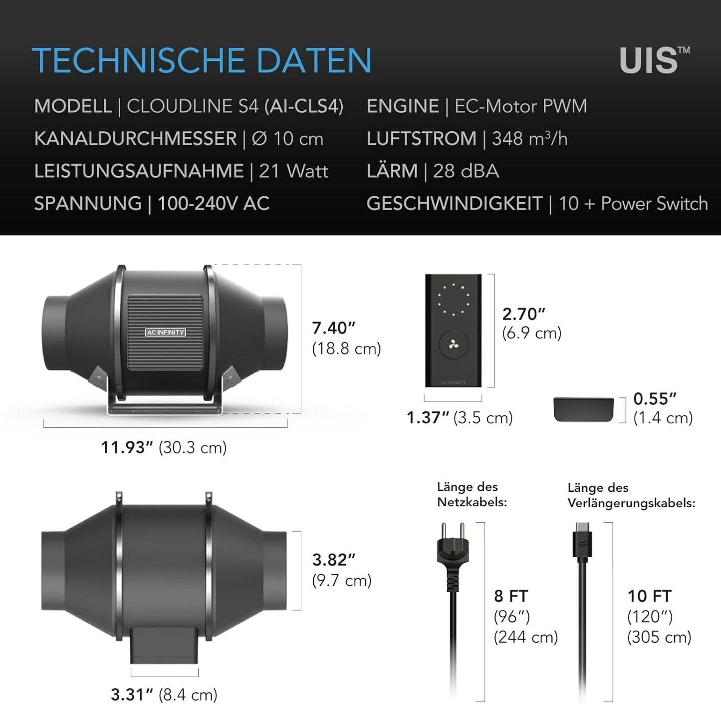 Cloudline pro s4 Inline-Lüftersystem mit Drehzahlregler 100 mm, 100 mm Pro Drehzahlregler