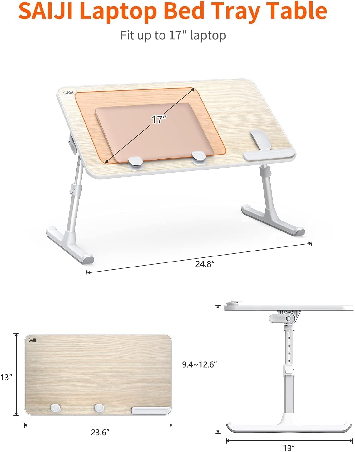 Laptop-Klapptisch mit variabler Höhe und Neigung, Teakholz 60*33 cm