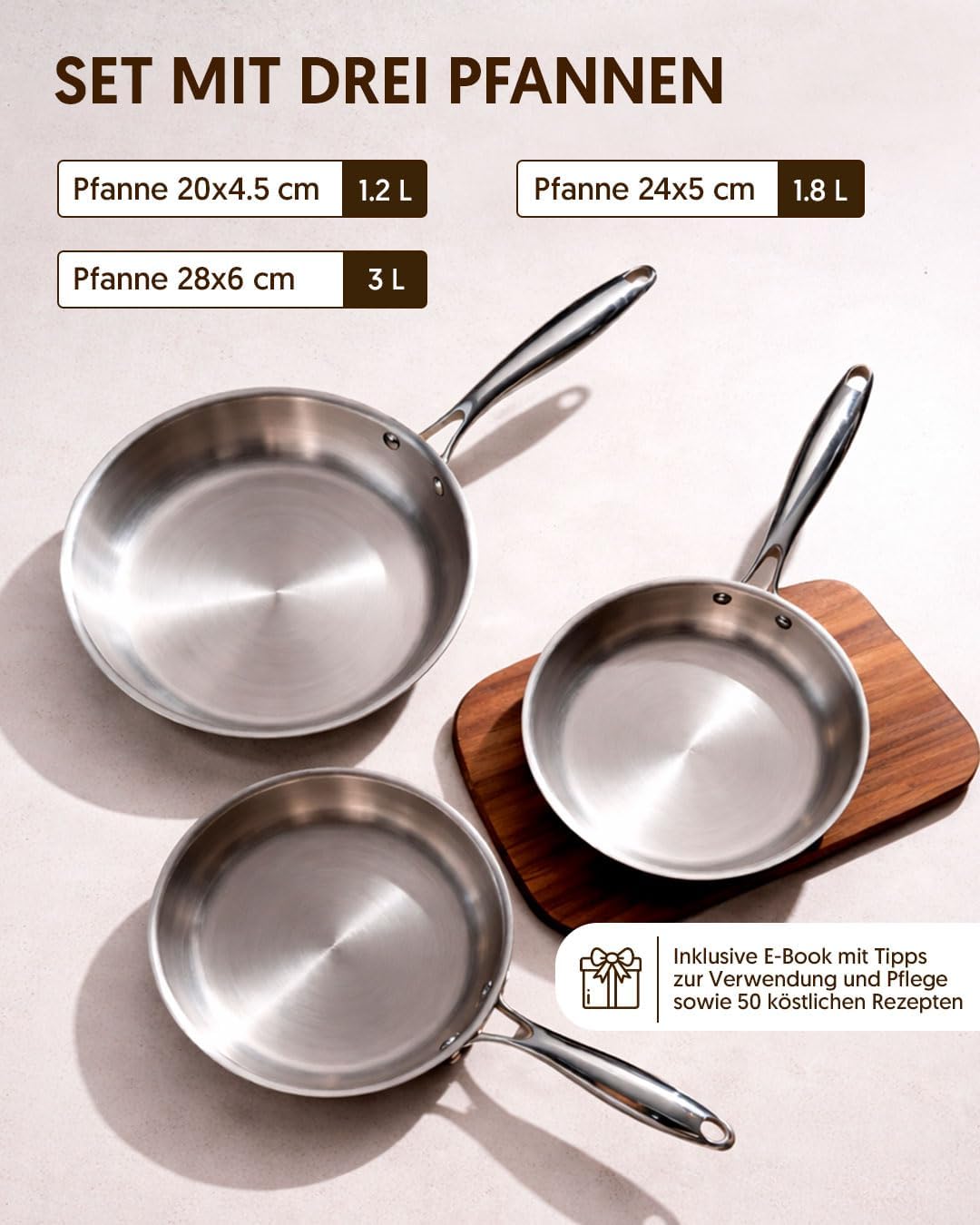 Pfannenset aus Edelstahl (3-teilig, induktionsgeeignet), Set mit 3 Pfannen