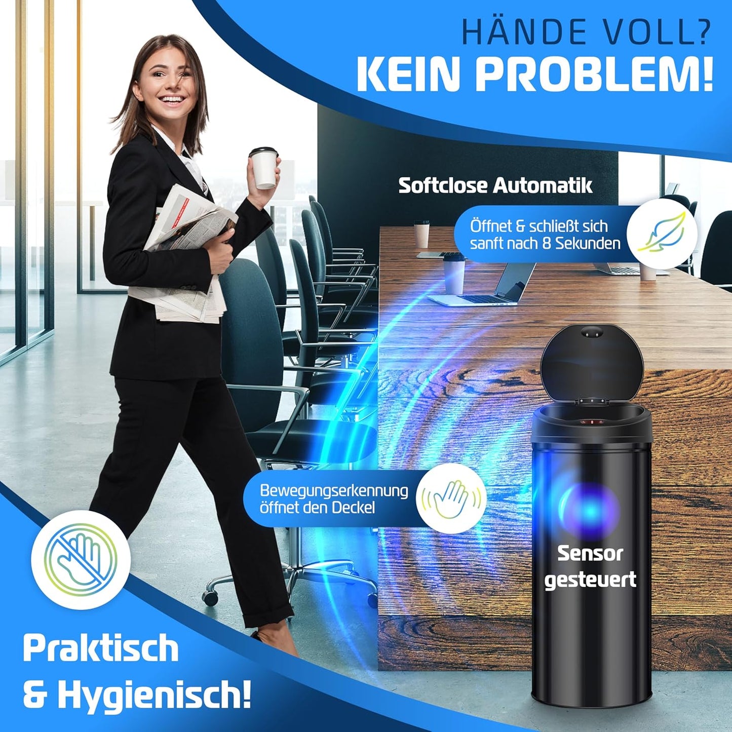 Abfalleimer mit Sensorautomatik, 30 Liter Schwarz