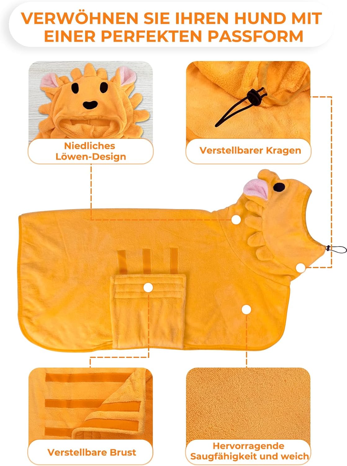 Verstellbarer Hundebademantel, L Orangenfarbe Löwe