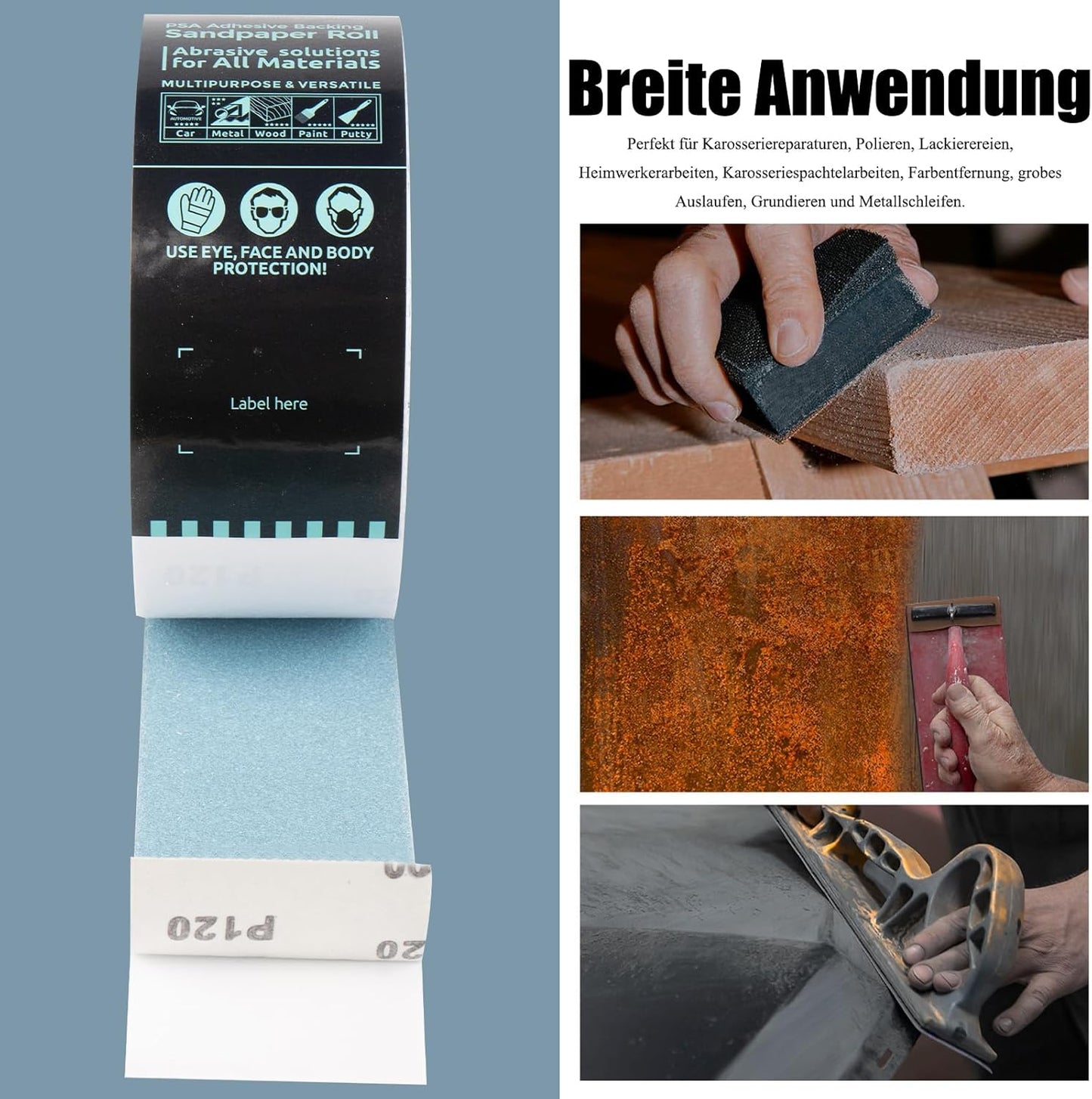 Selbstklebende Schleifpapierrolle 60 Grit für Holz & Auto, 60 Grit