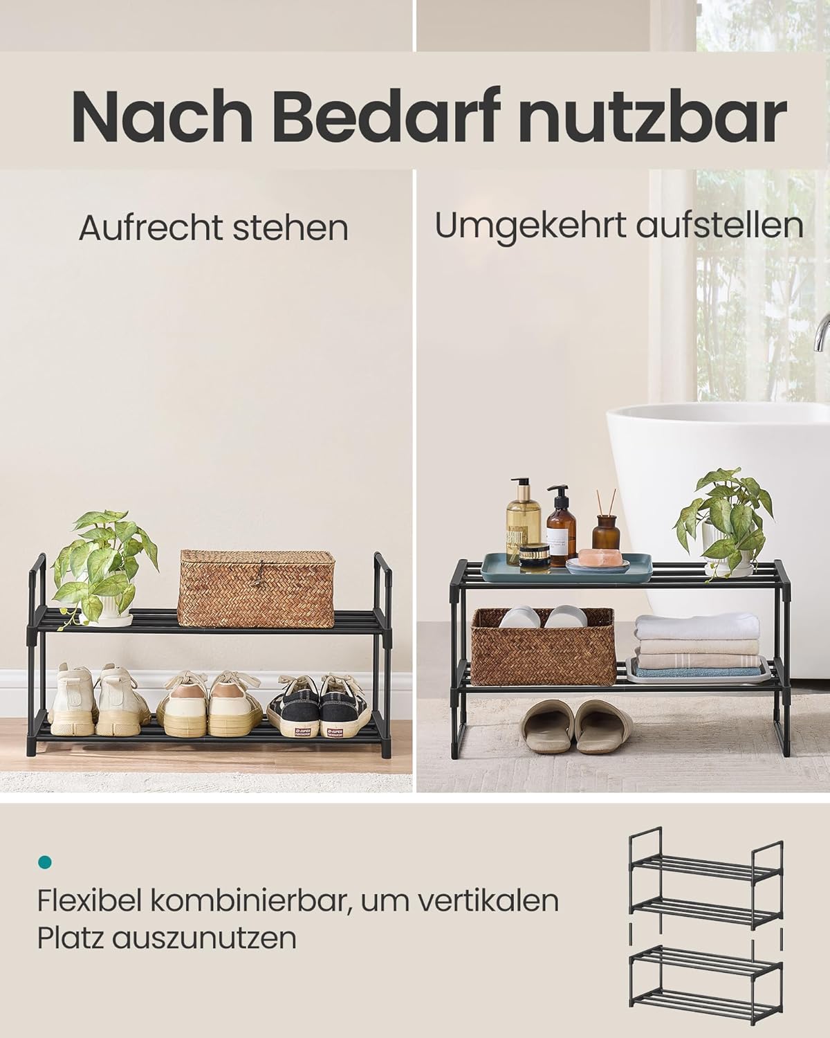Schuhregal 2 Ebenen stapelbar (6-9 Paar), 2 Ebenen (68B cm) Schwarz