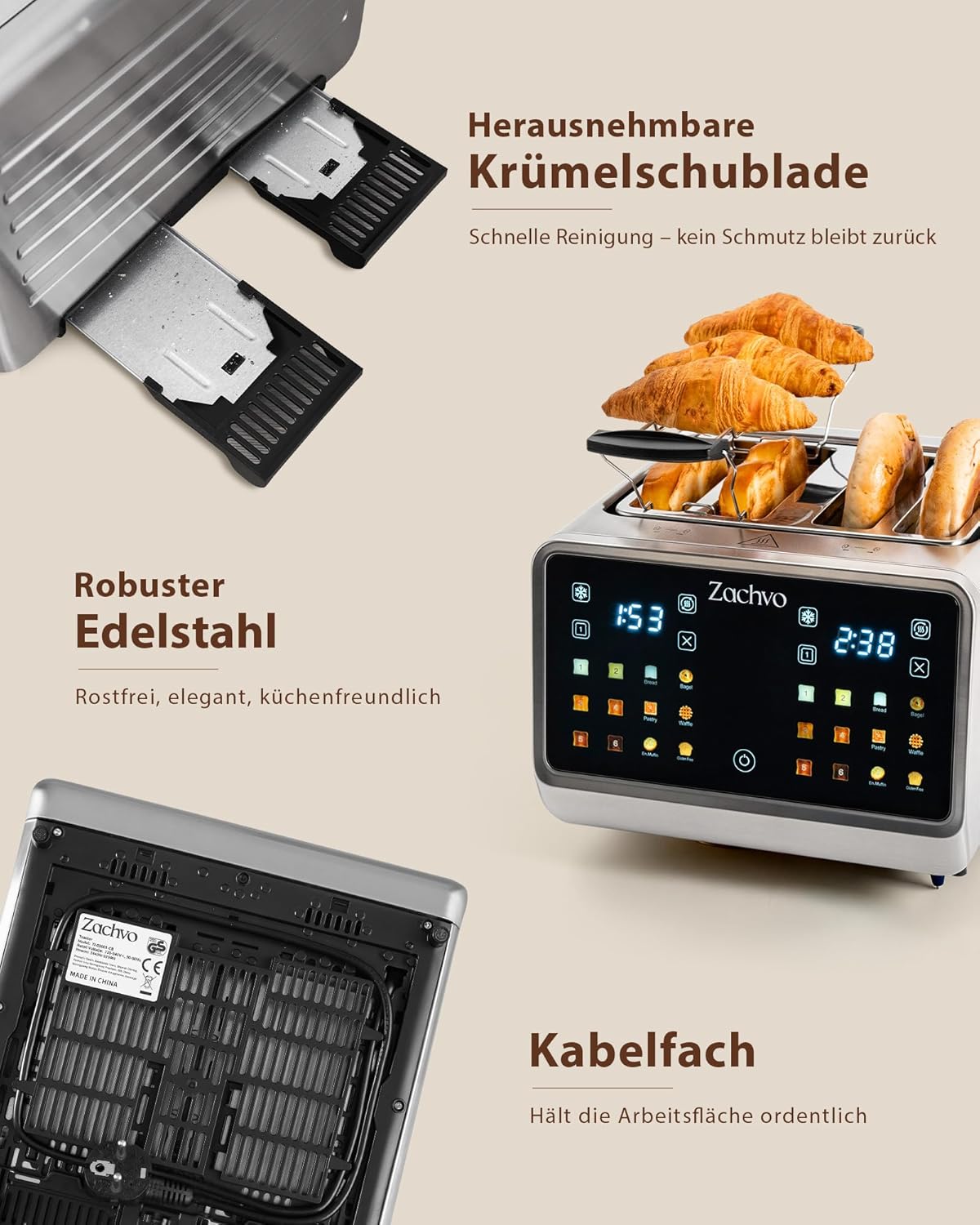 Edelstahl-Toaster mit Touchscreen & LED Countdown, Silber Sandwichhalter & Brötchenaufsatz