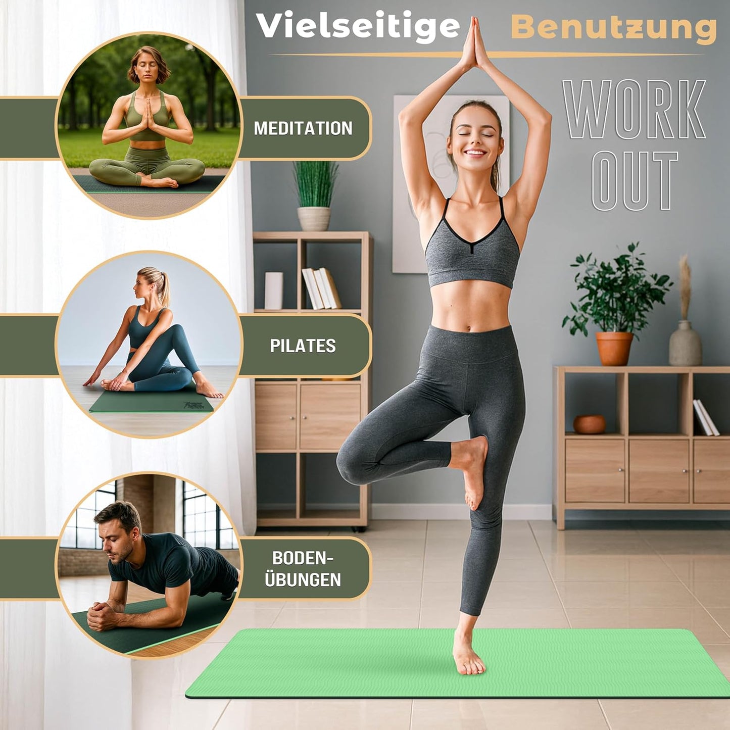Yogamatte Phthalatfrei rutschfest 183x61x0,6 cm, Dunkelgrün / Limette