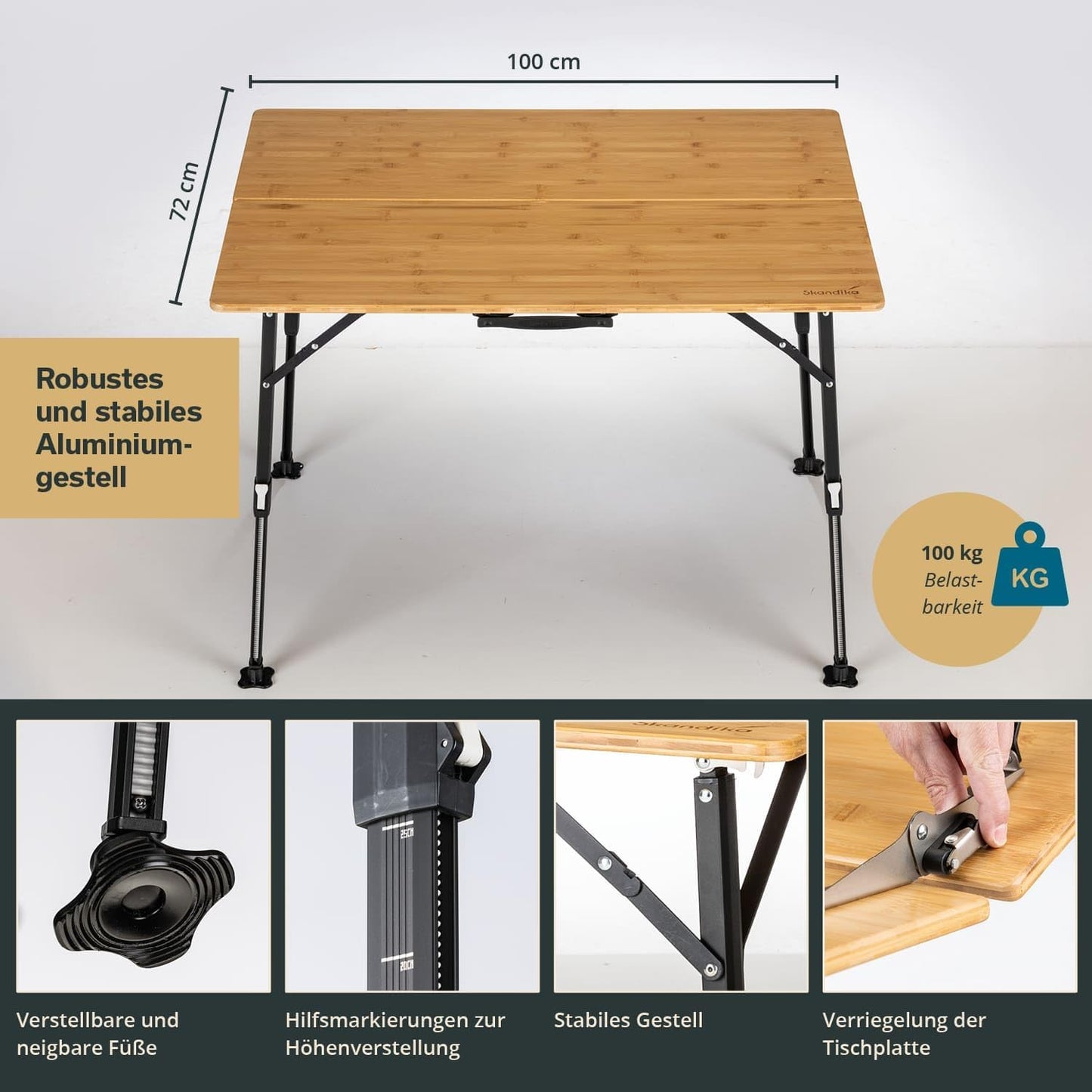 Höhenverstellbarer Campingtisch, 100 x 72 x 70 cm