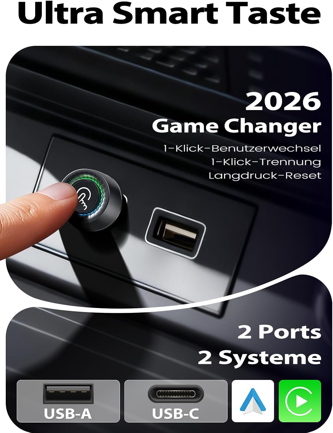 Kabelloser CarPlay Adapter für iOS & Android, Tiefschwarz