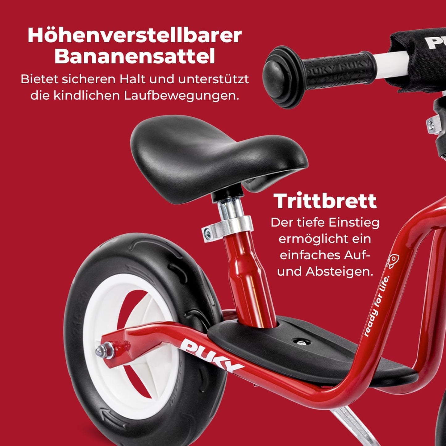 Laufrad mit Trittbrett und höhenverstellbarem Sattel, Chilli Red + Seitenständer