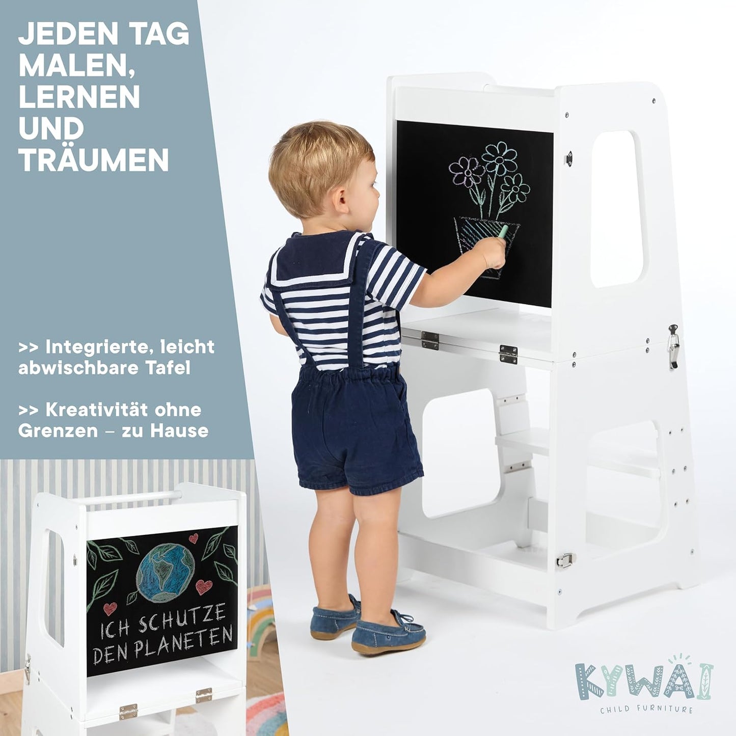 Lernturm & Tisch 2-in-1 klappbar, höhenverstellbar, Weiss