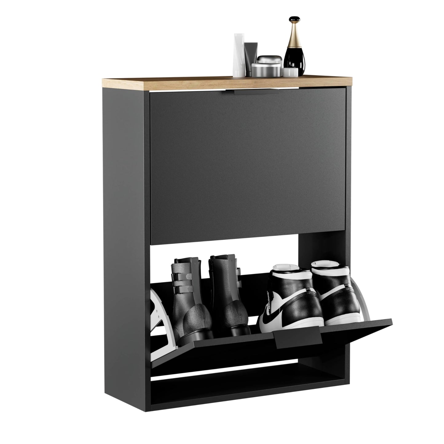 Schmaler Schuhschrank mit 2 Klappen und 4 Ablagen, 2 Klappen Schwarz