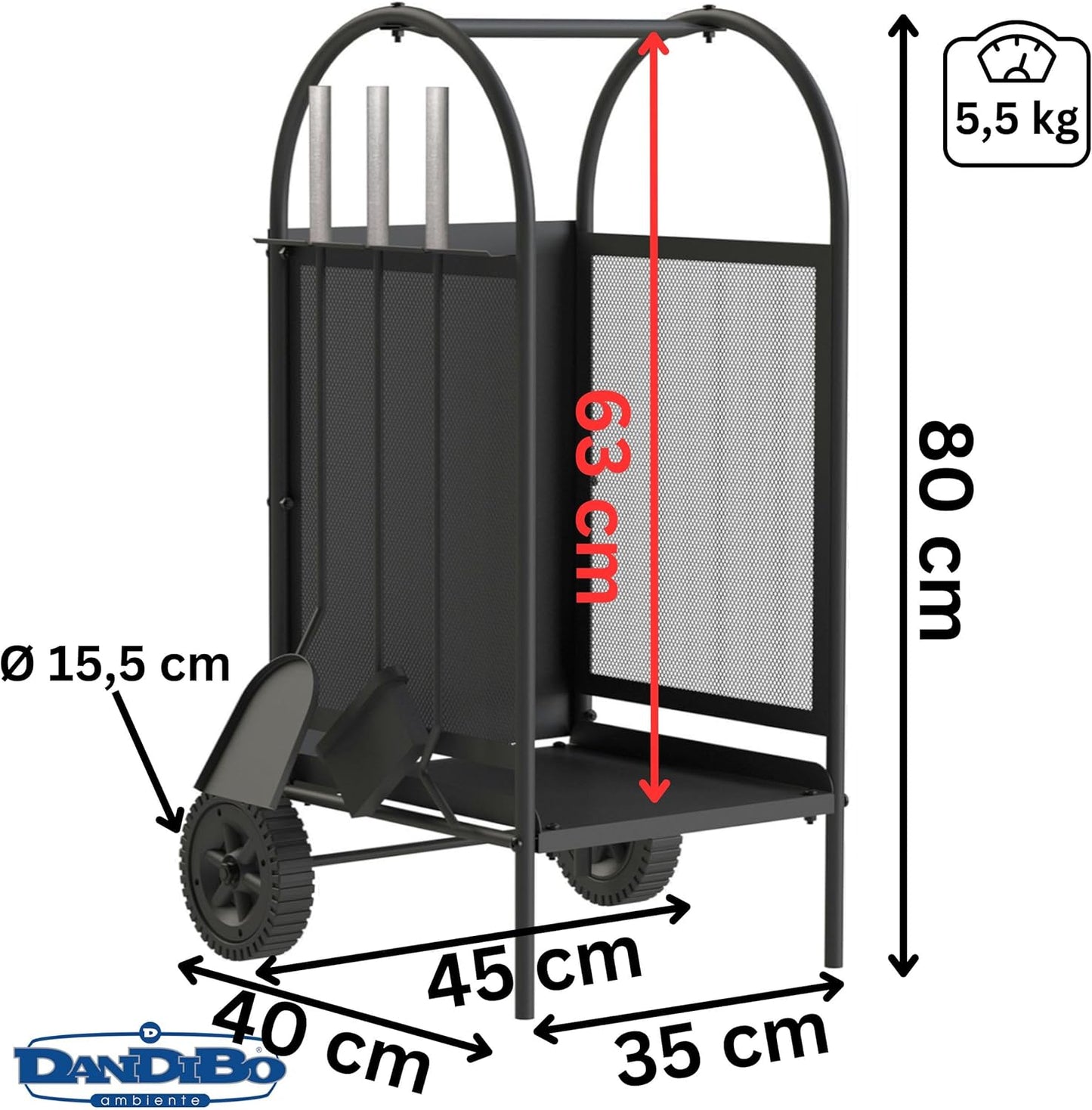 Kaminholzregal mit Kaminbesteck und Rädern