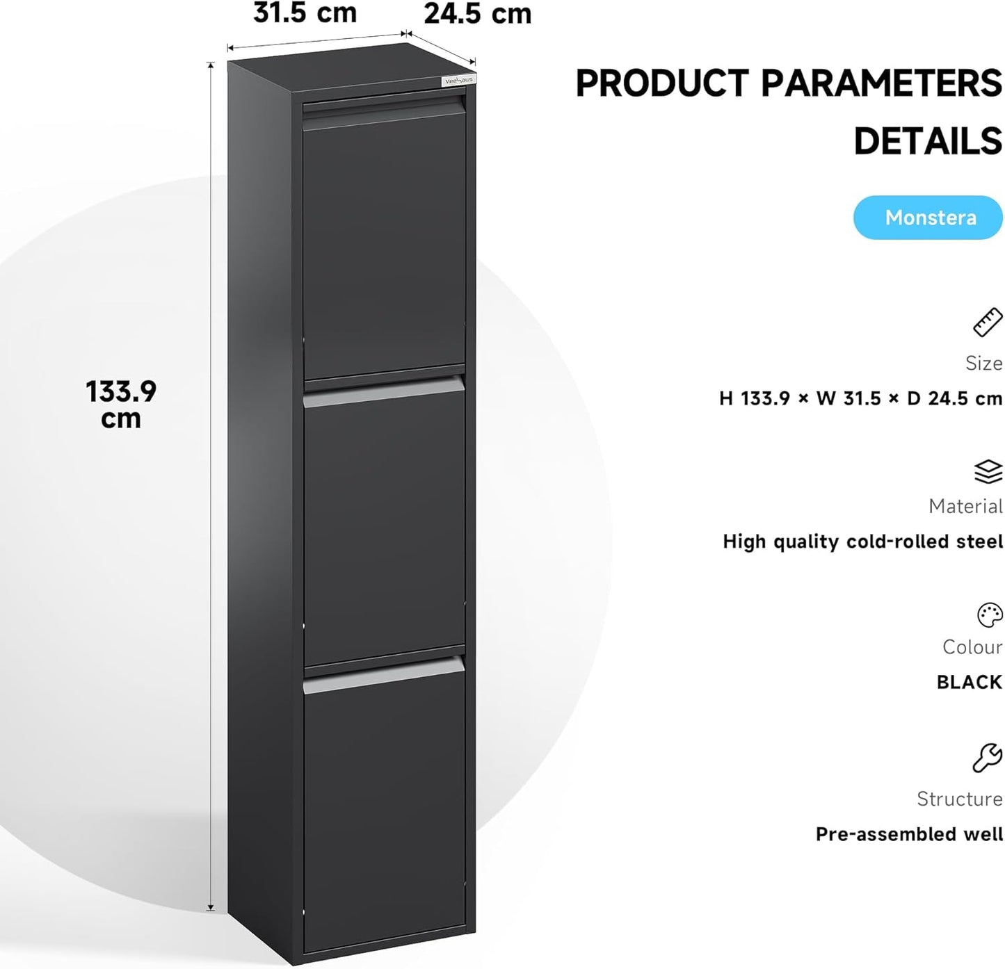 Küchenabfalleimer mit Edelstahlklappen (45 L), Schwarz 3 X 15 L