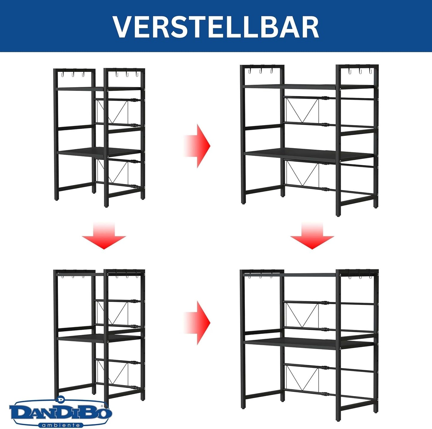 Verstellbares Mikrowellenregal, 3-stufig, Schwarz 3 Stufig / Höhe 78 cm