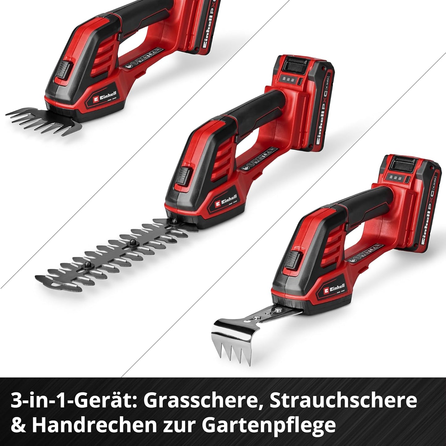 Akku-Gras-/Strauchschere 3 in 1, inkl. Harkenaufsatz