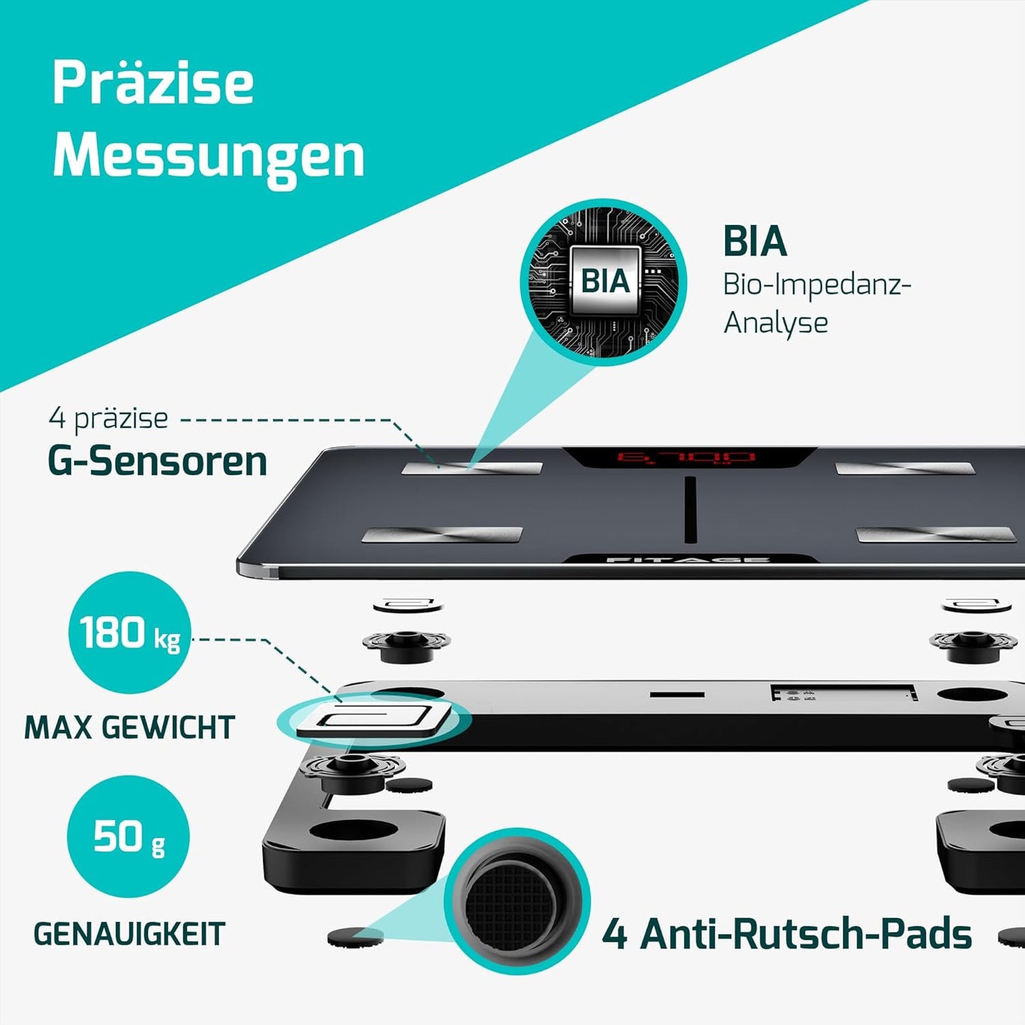 Körperanalysewaage mit App, Schwarz