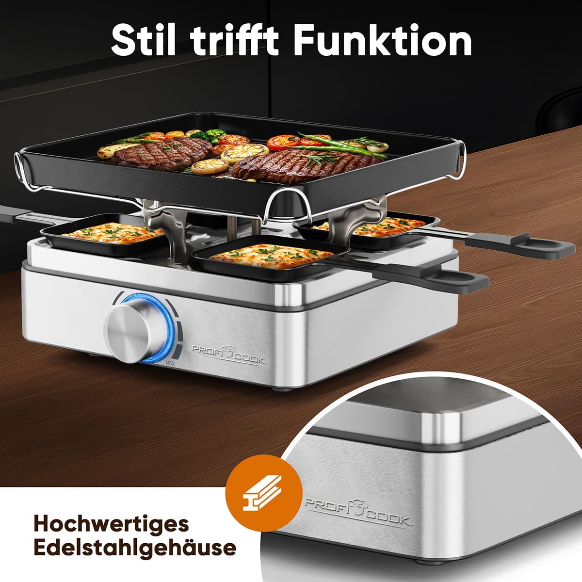 Raclette-Grill für 4 Personen mit Wendegussplatte, Edelstahl