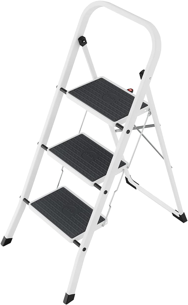HobbyStep Klapptritt-Leiter mit Anti-Rutsch-Stufen (3 Stufen), Weiss 3 Stufen