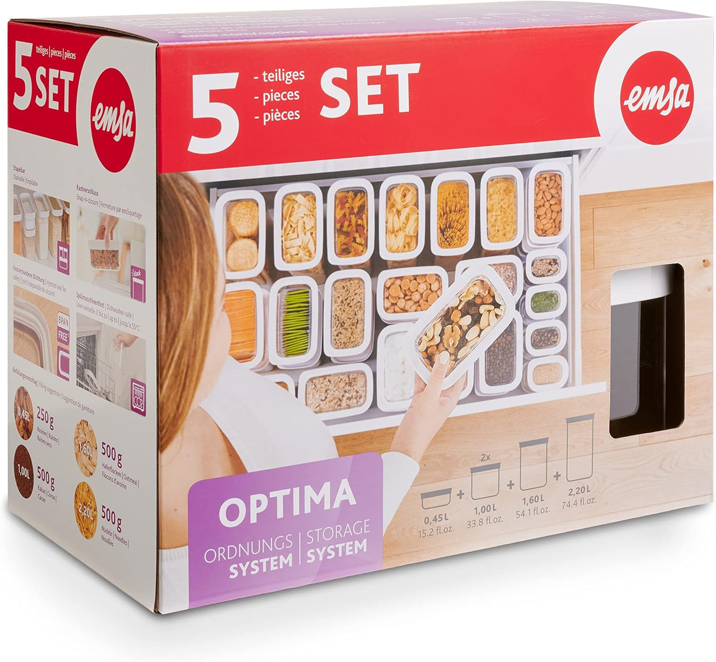 Vorratsdose Optima 5er Set, Trockenvorrat; 0,45 / 2x1 / 1,6 / 2,2 L; Transparentes