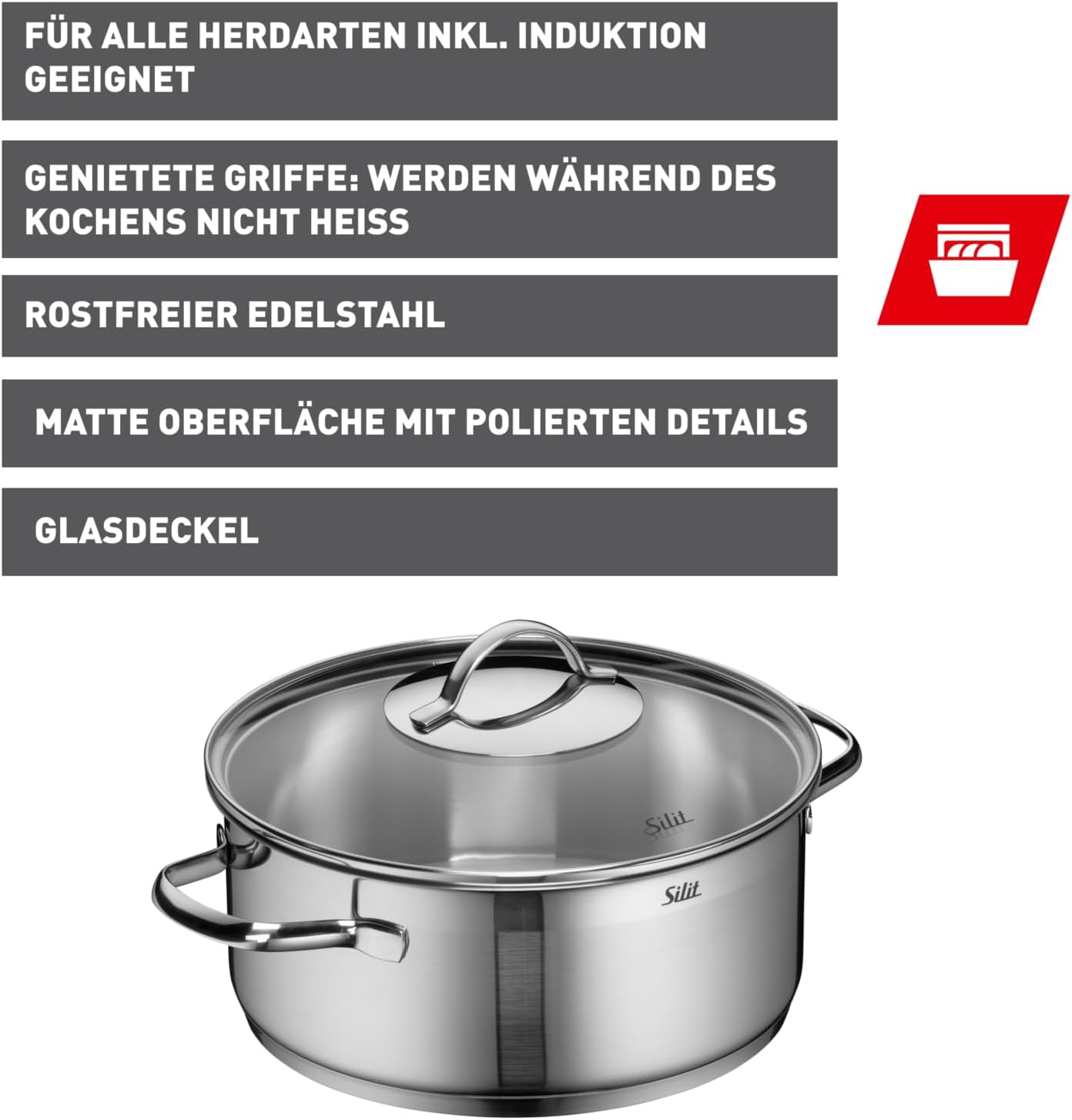 Kochtopf Bratentopf Induktion 24cm Glasdeckel 4,1l Achat Edelstahl