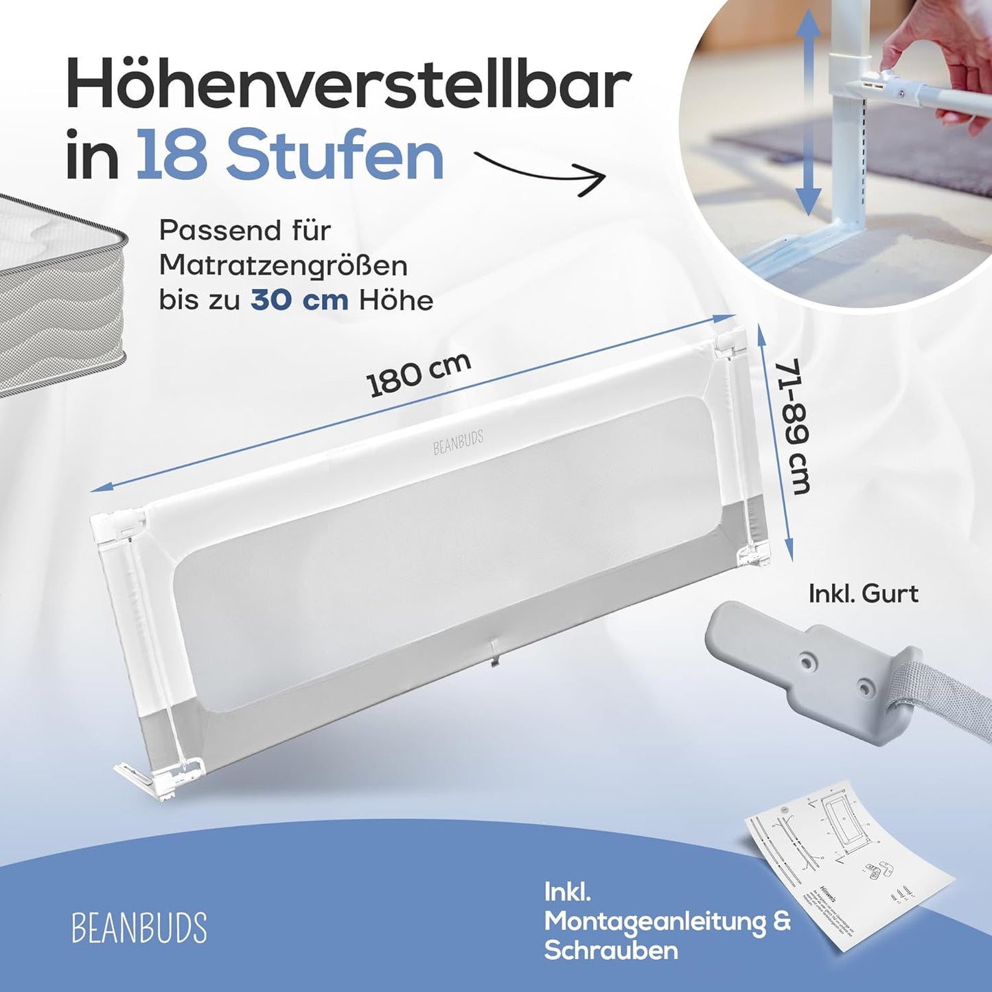 Höhenverstellbares Bettgitter, 180cm Grau