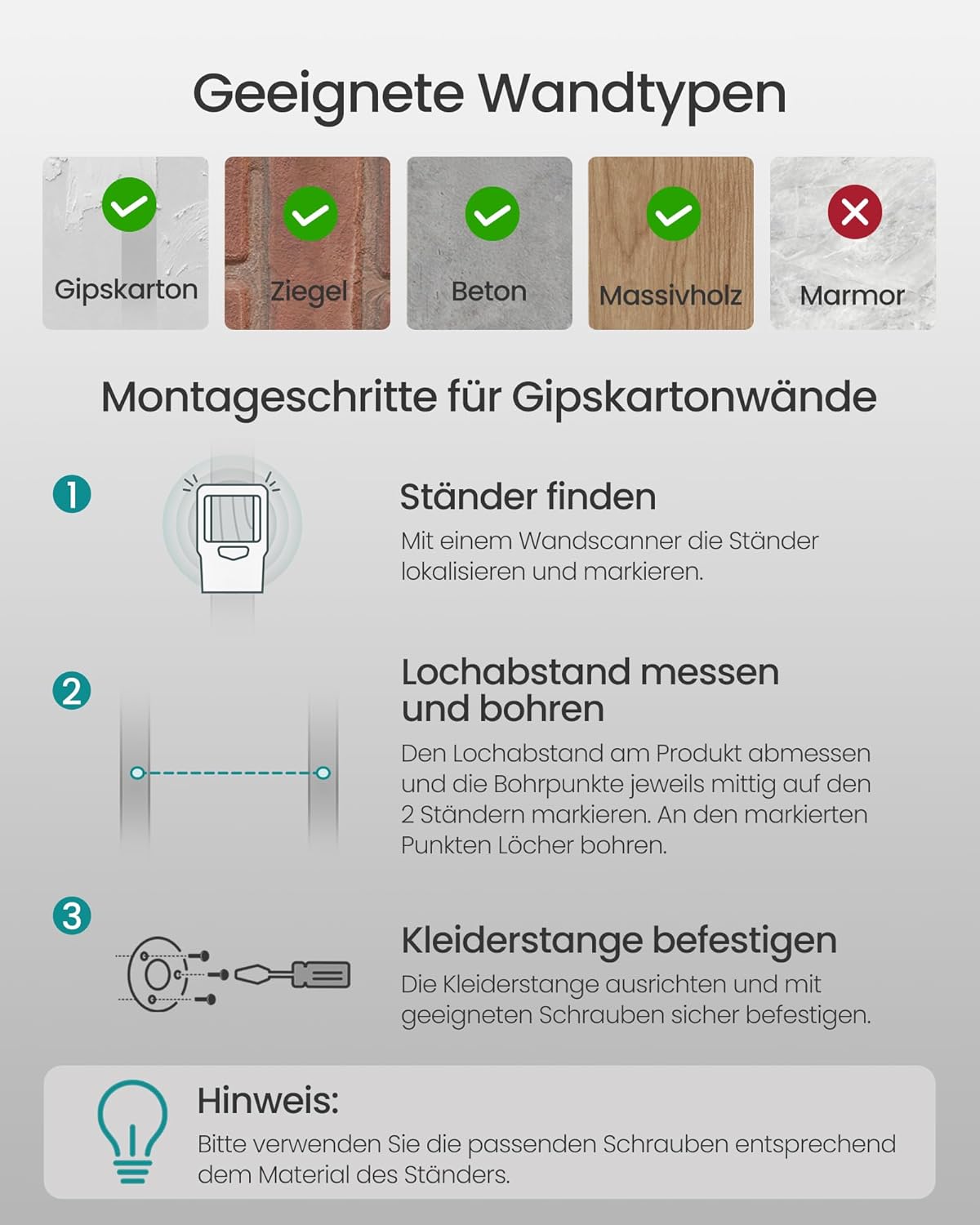 2er-Set Kleiderstangen zur Wandmontage, 2
