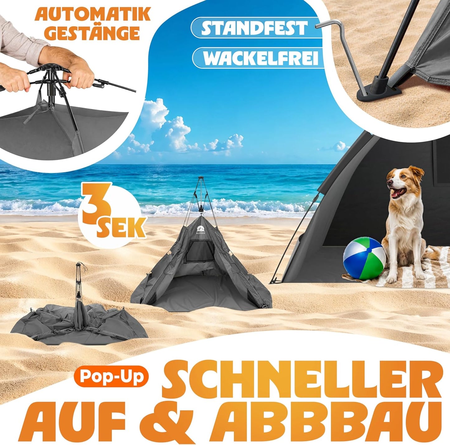 Pop Up Strandmuschel UV Schutz XXL 220x150x130 cm, Grau 220 x 150 x 130 cm