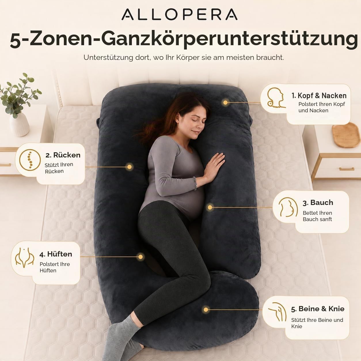 Schwangerschafts-Ganzkörperkissen, abnehmbarer Bezug, Velvet/Black Grey